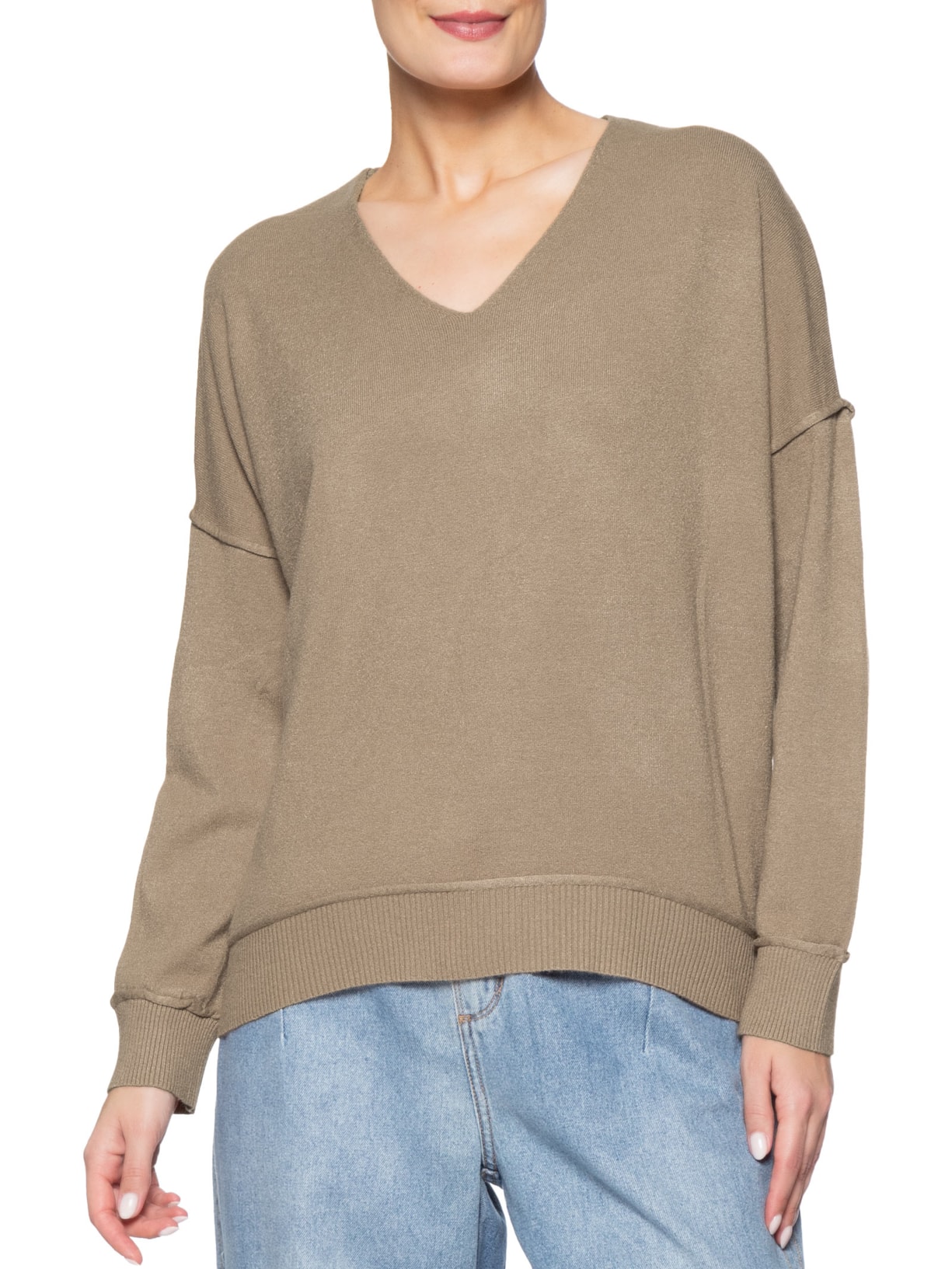 Suéter Feminino Tricot Oversized Decote V- Bege Basiq