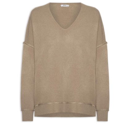 Suéter Feminino Tricot Oversized Decote V- Bege