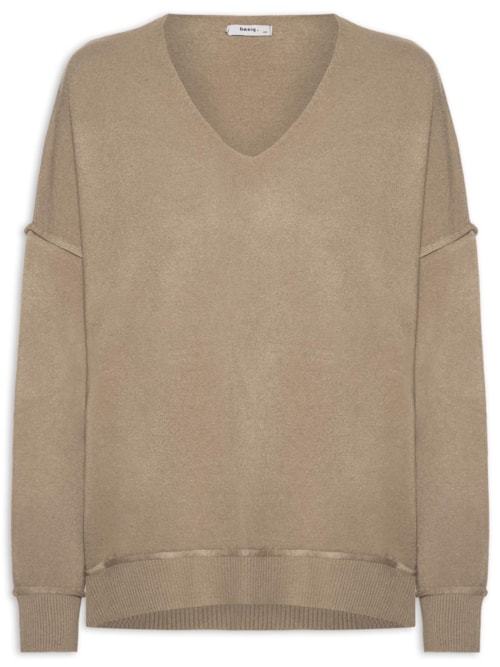 Suéter Feminino Tricot Oversized Decote V- Bege