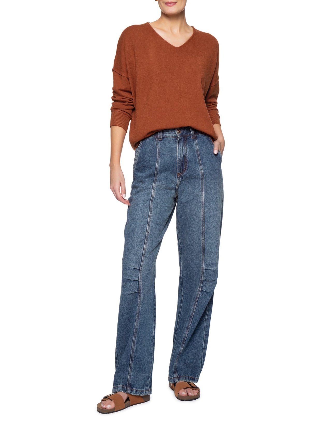 Suéter Feminino Tricot Oversized Decote V Laranja Basiq
