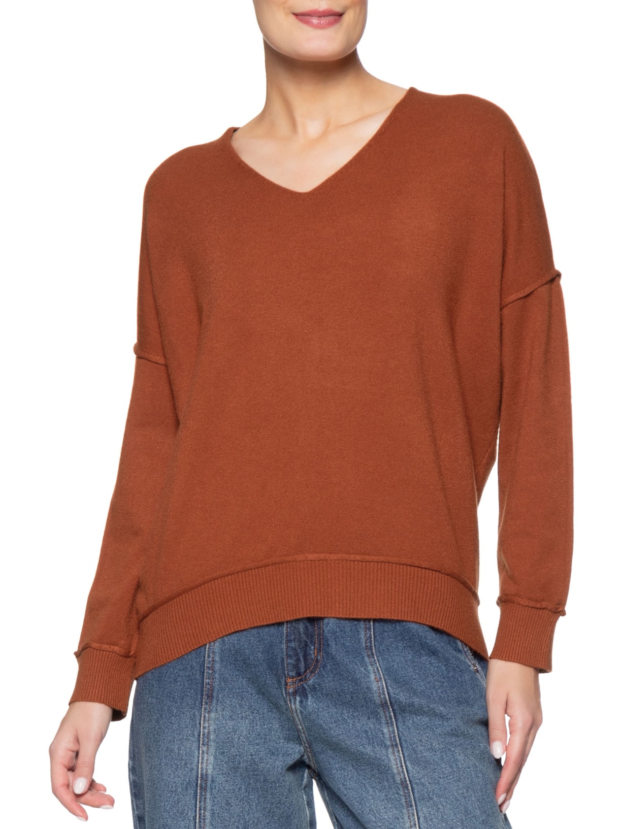 Suéter Feminino Tricot Oversized Decote V Laranja Basiq