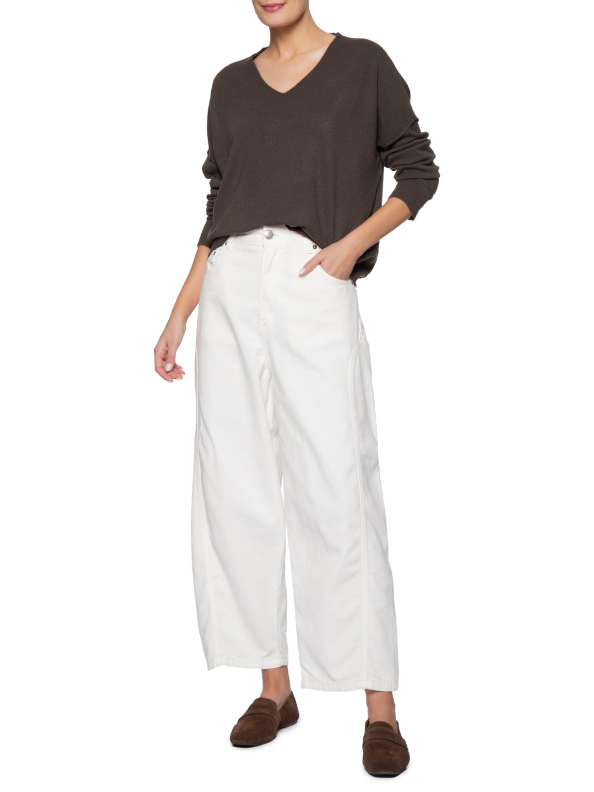 Suéter Feminino Tricot Oversized Decote V Marrom Basiq