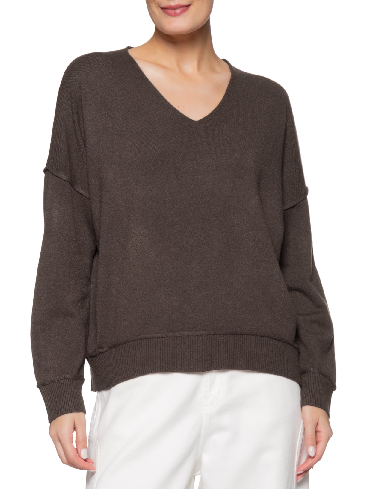 Suéter Feminino Tricot Oversized Decote V Marrom Basiq