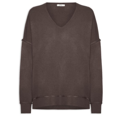 Suéter Feminino Tricot Oversized Decote V - Marrom