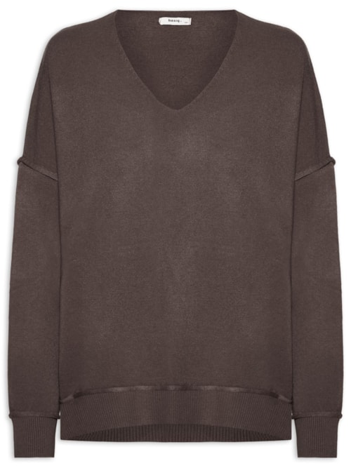 Suéter Feminino Tricot Oversized Decote V - Marrom
