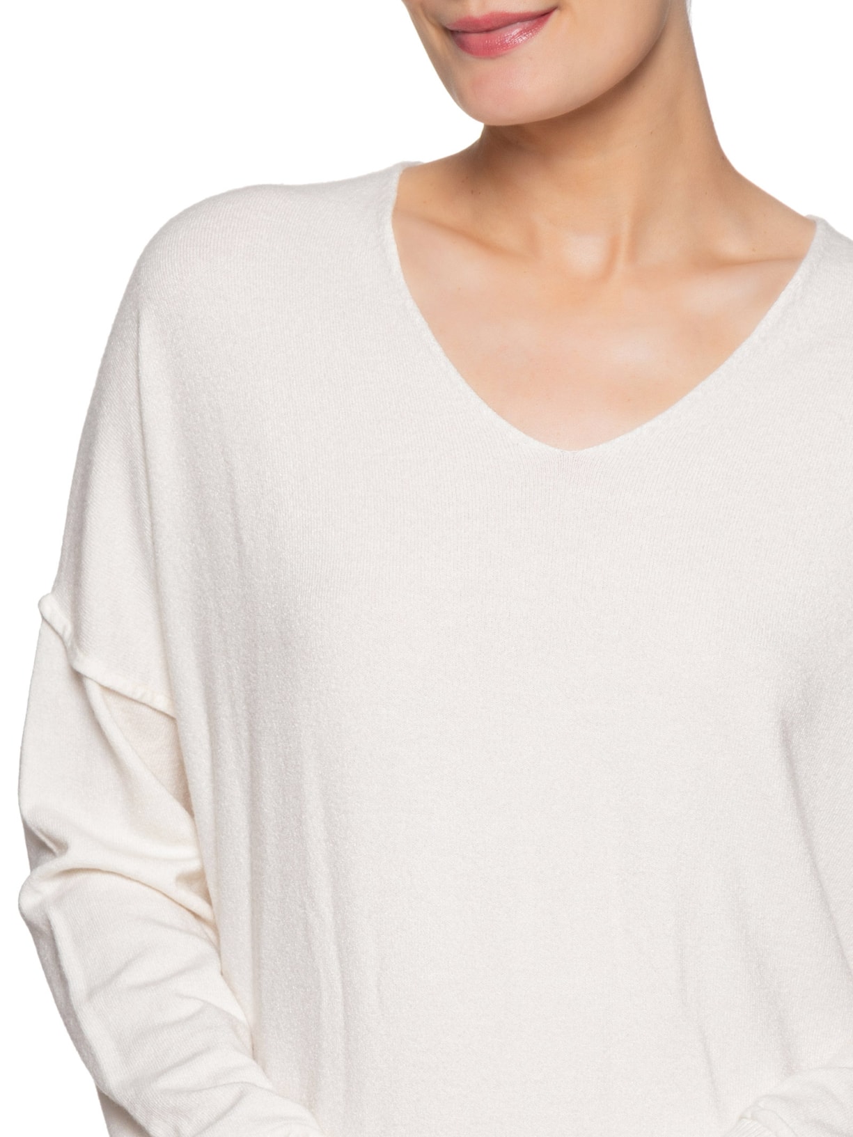 Suéter Feminino Tricot Oversized Decote V Off White Basiq