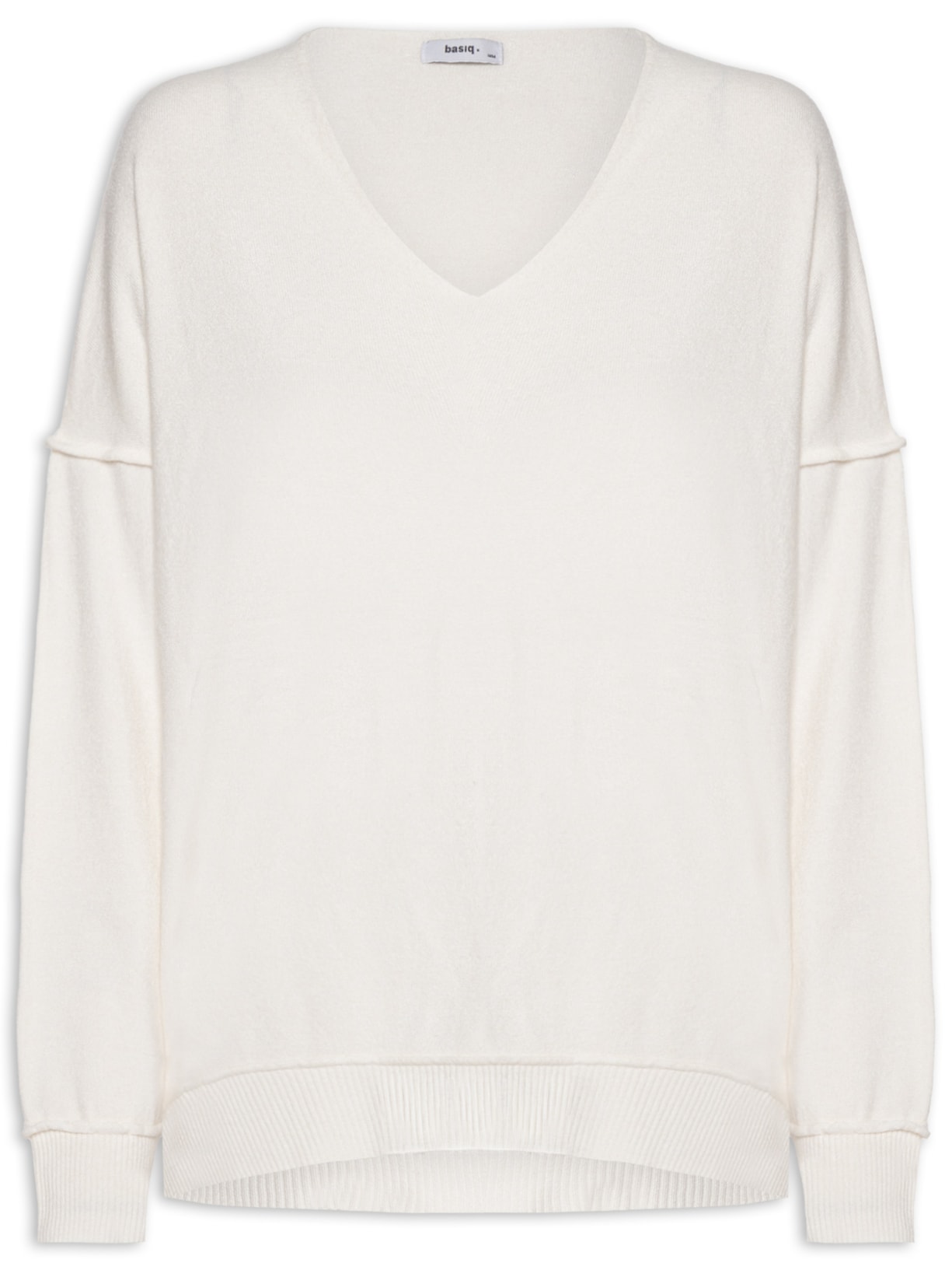 Suéter Feminino Tricot Oversized Decote V Off White Basiq