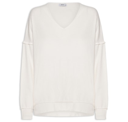 Suéter Feminino Tricot Oversized Decote V - Off White
