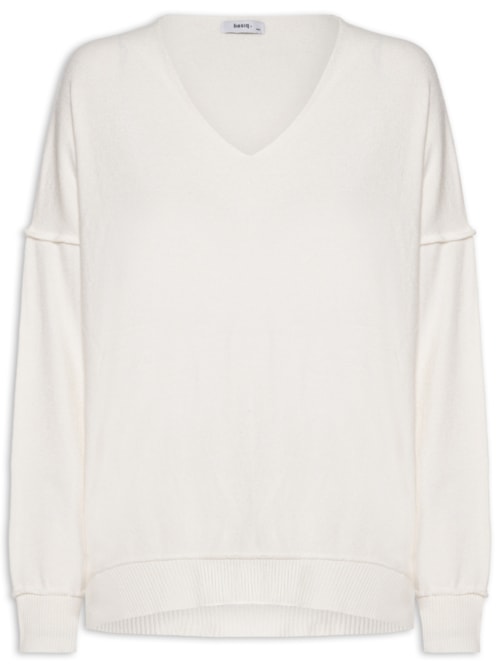 Suéter Feminino Tricot Oversized Decote V - Off White