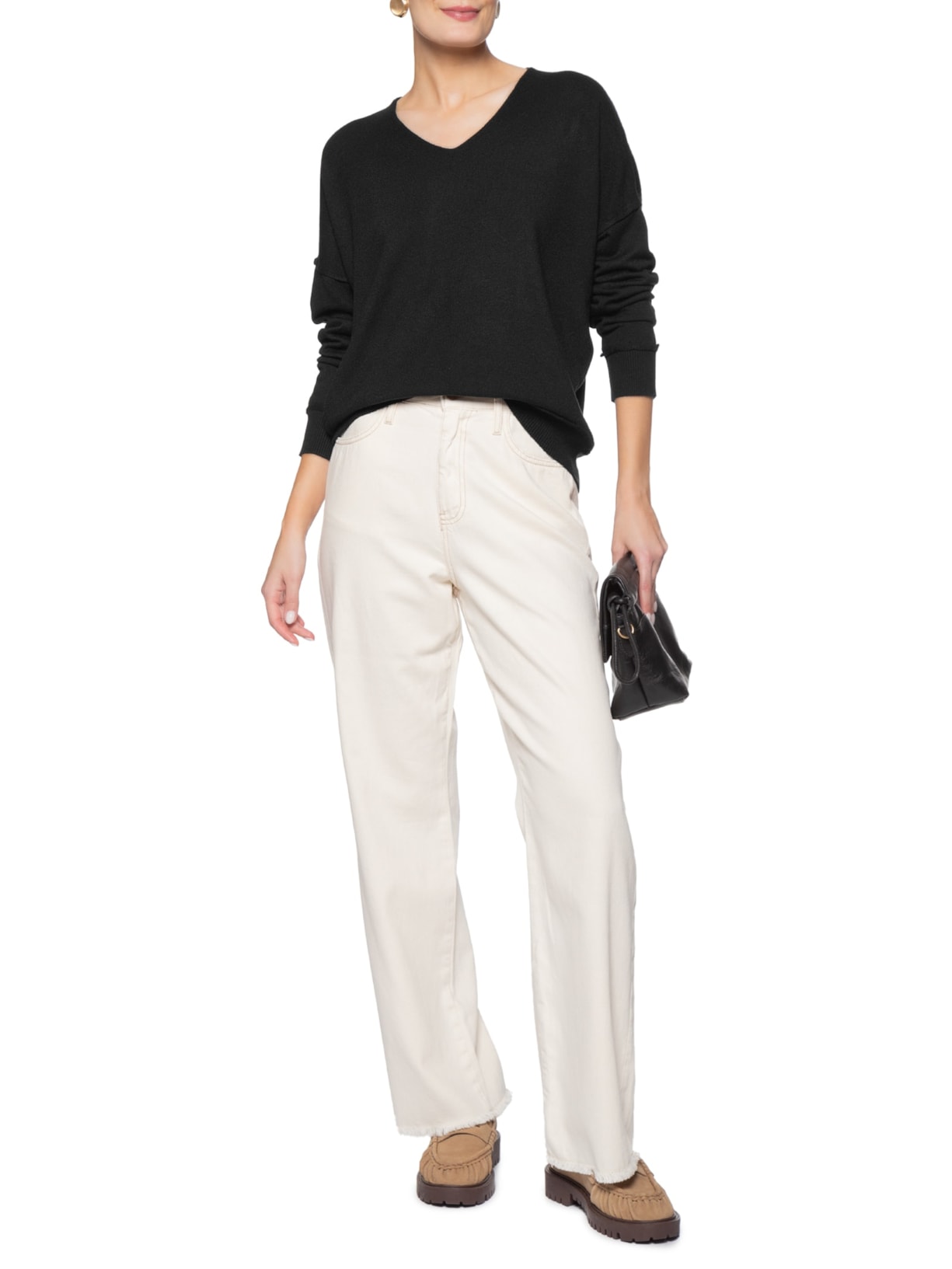 Suéter Feminino Tricot Oversized Decote V  Preto Basiq