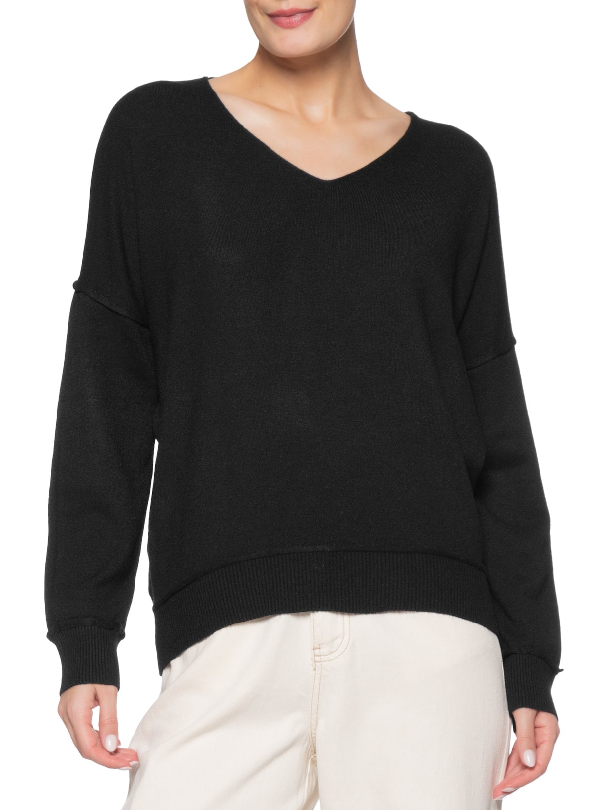 Suéter Feminino Tricot Oversized Decote V  Preto Basiq