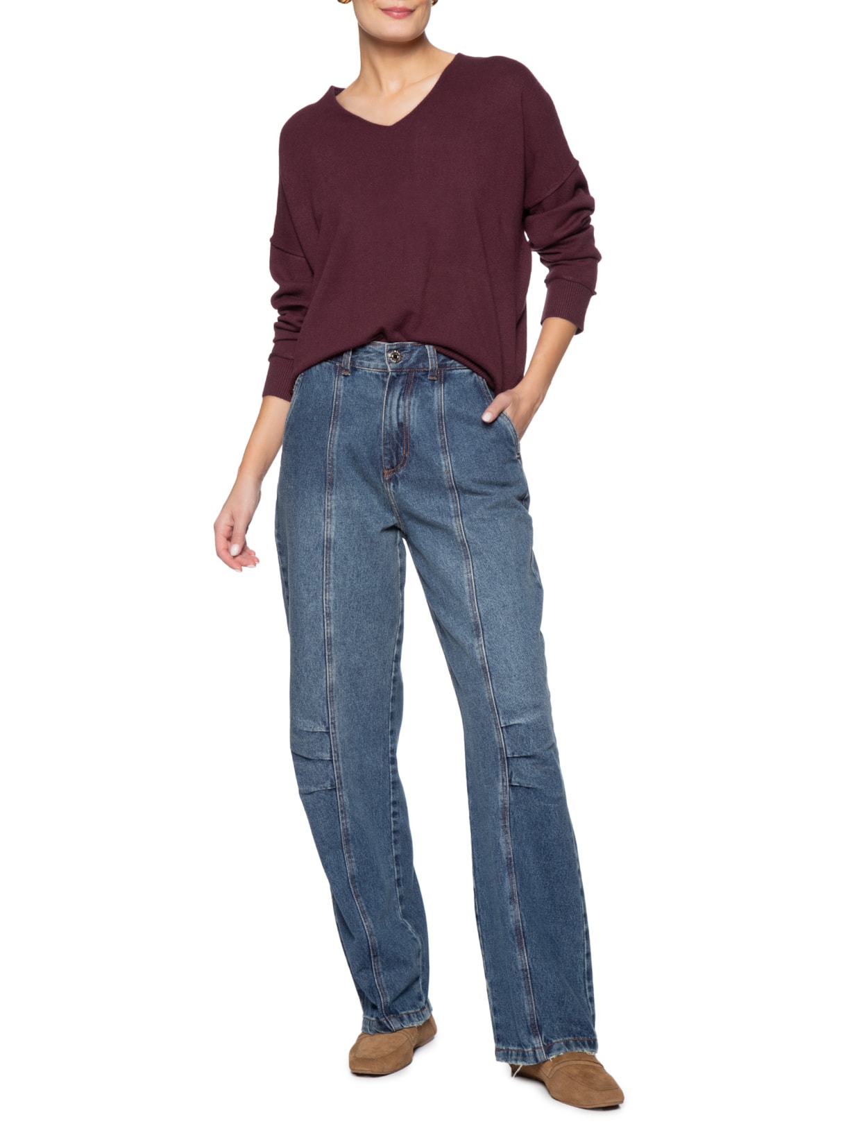 Suéter Feminino Tricot Oversized Decote V Vermelho Basiq