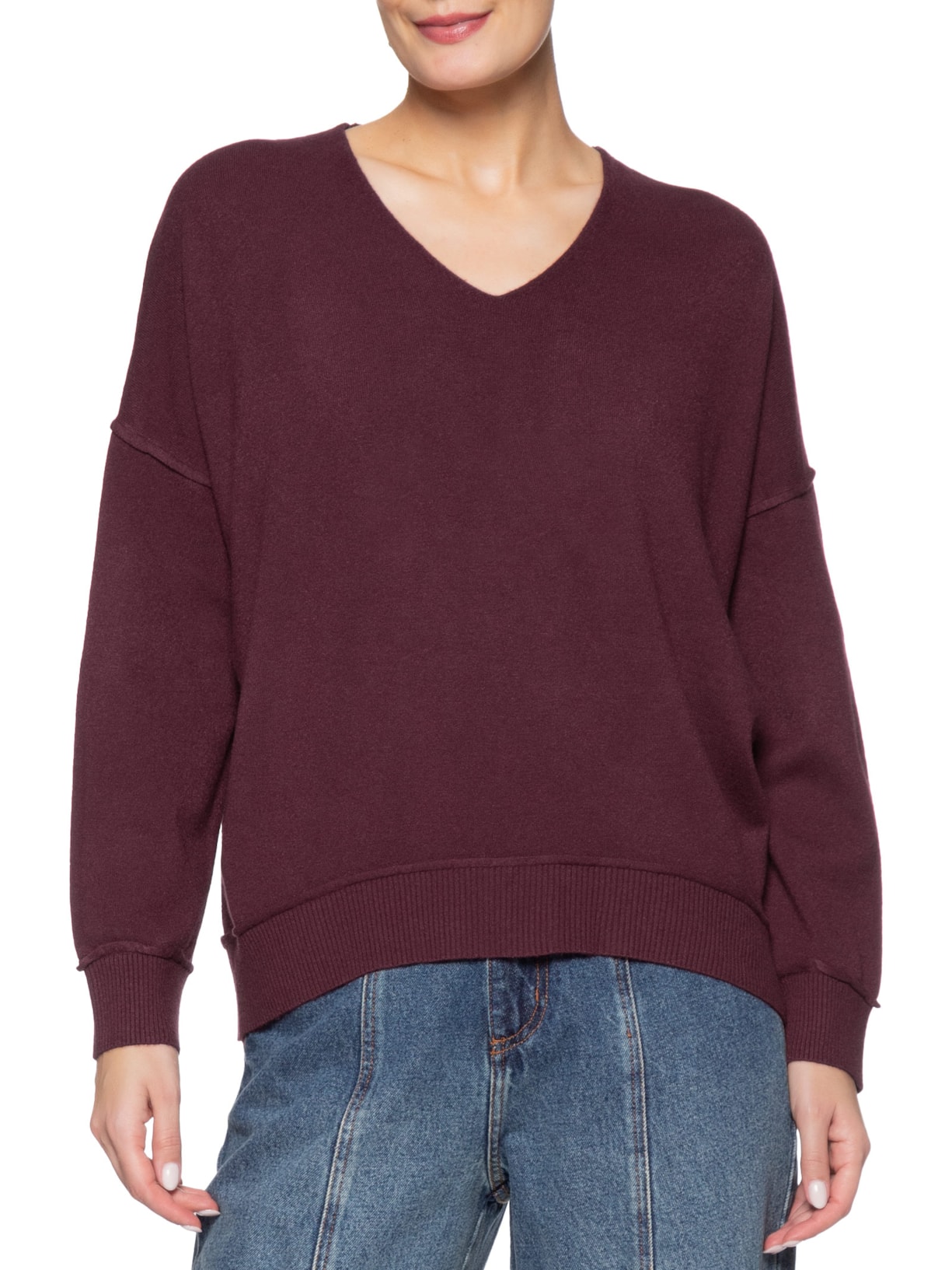 Suéter Feminino Tricot Oversized Decote V Vermelho Basiq