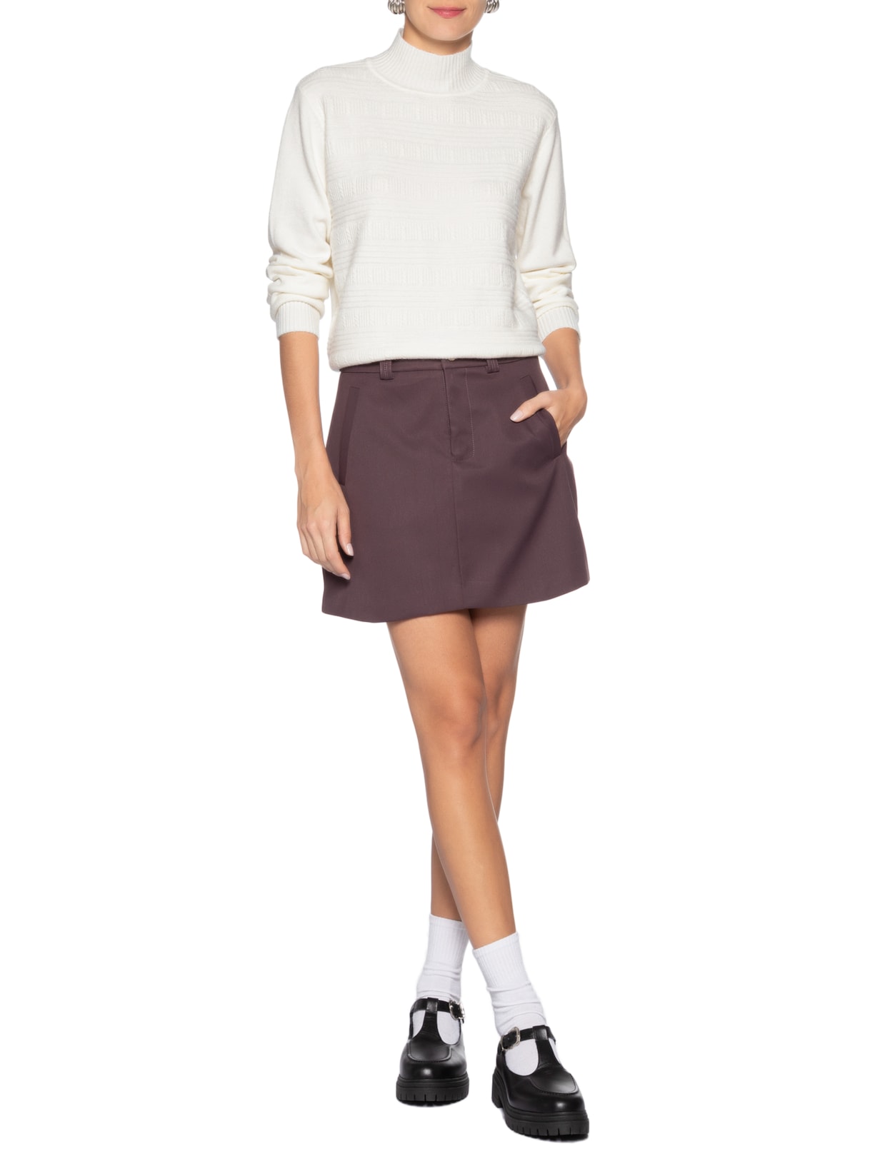 Suéter Feminino Tricot Oversized Gola Careca Off White Basiq