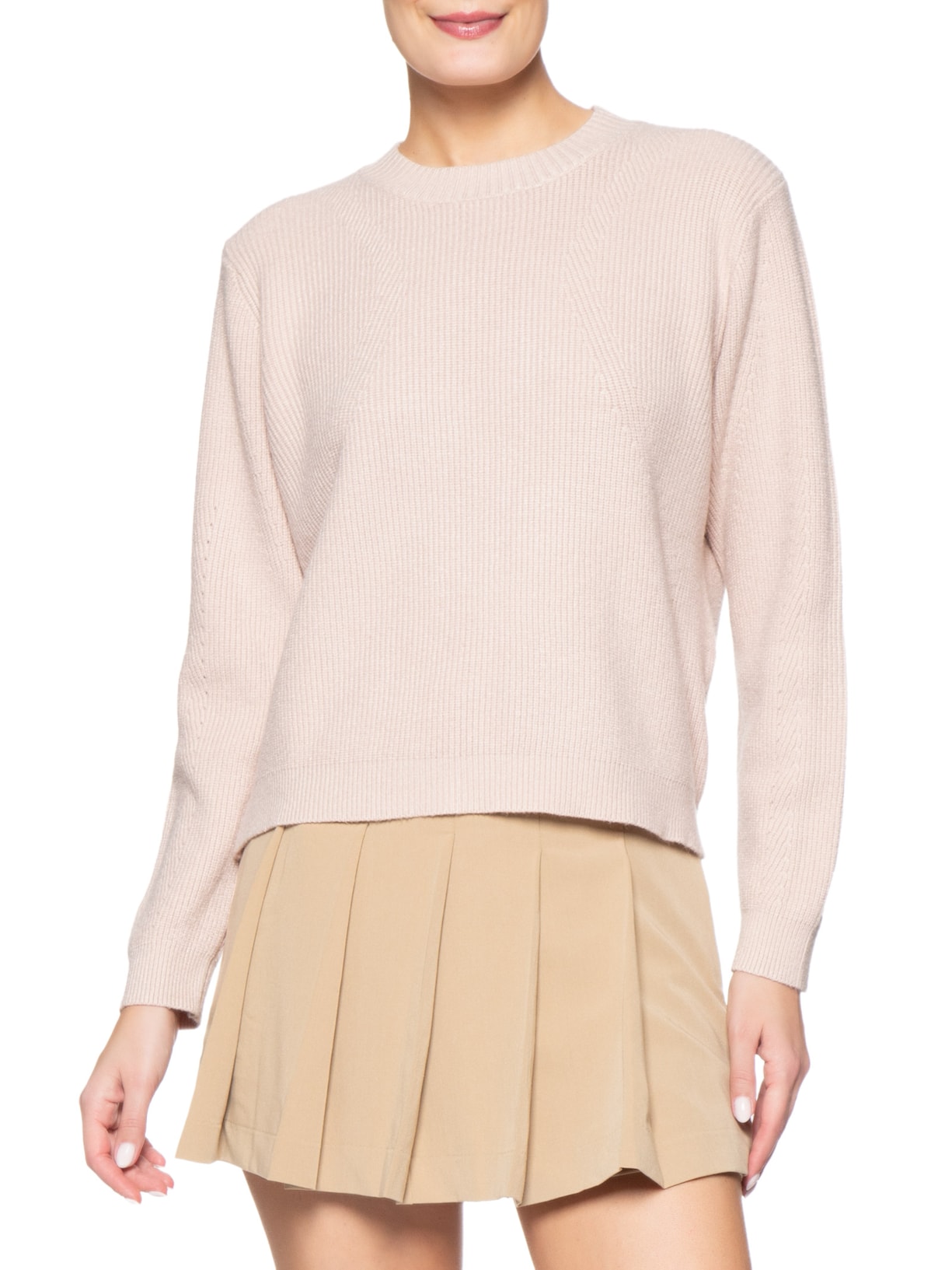 Suéter Feminino Tricot Oversized Gola Ribana Bege Basiq