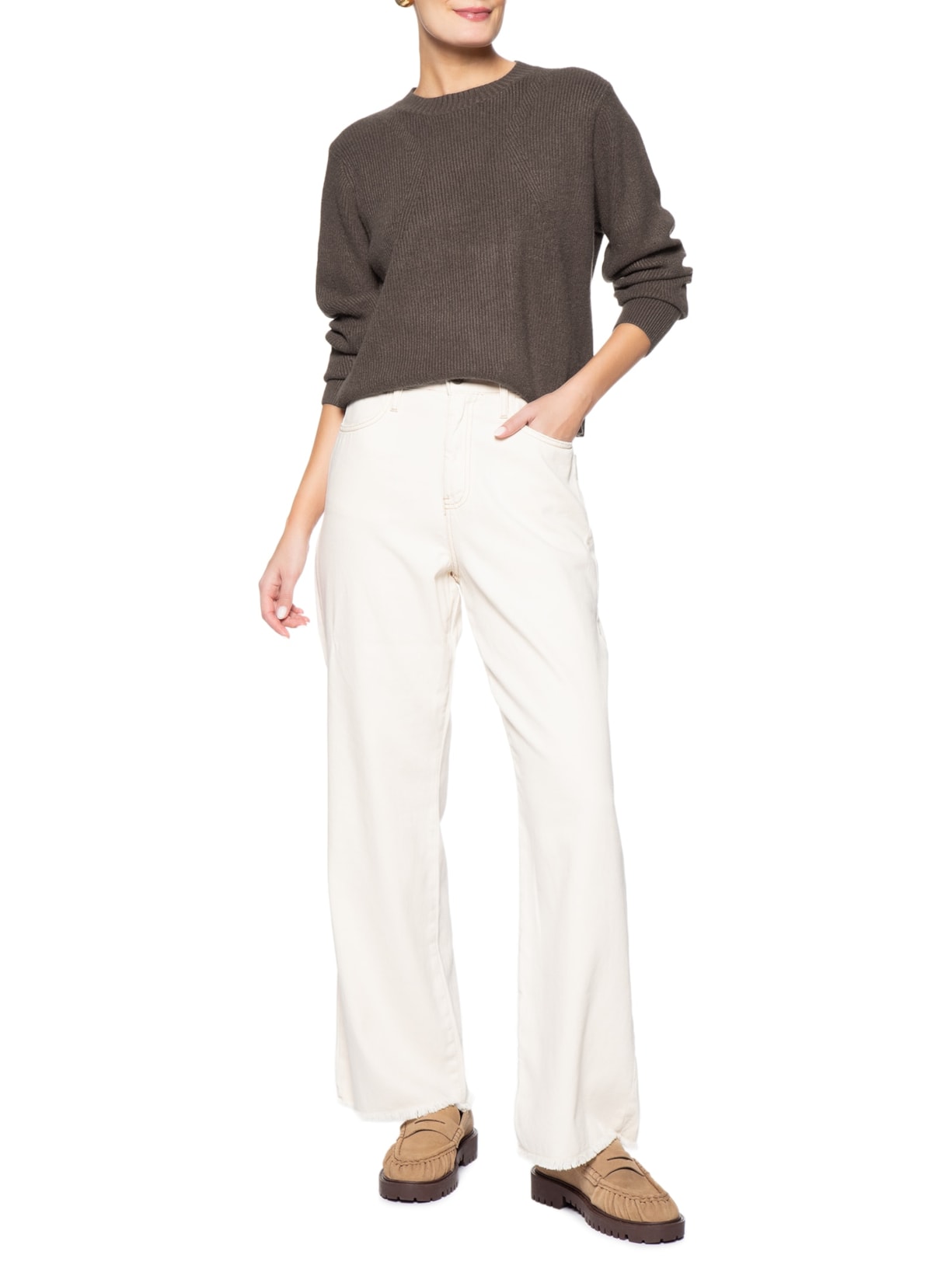 Suéter Feminino Tricot Oversized Gola Ribana Marrom Basiq