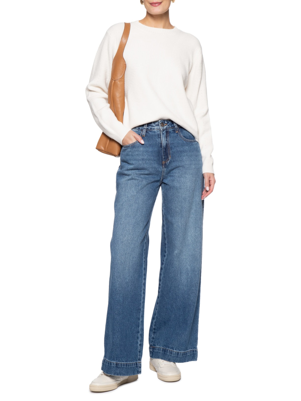 Suéter Feminino Tricot Oversized Gola Ribana   Off White Basiq