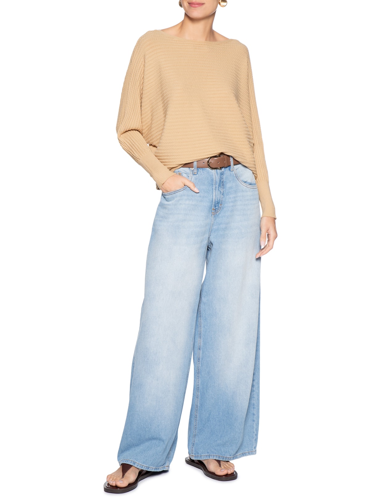 Suéter Feminino Tricot Oversized Texturizado Bege Basiq
