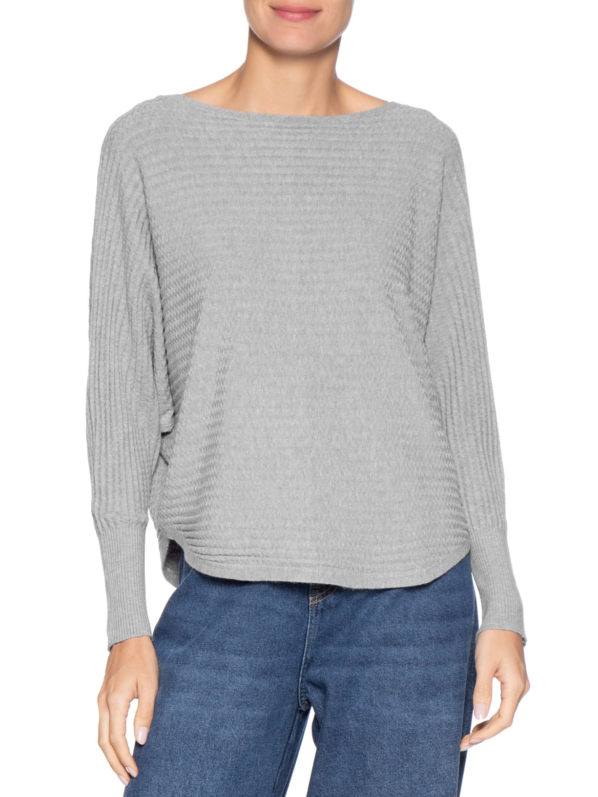 Suéter Feminino Tricot Oversized Texturizado Cinza Basiq