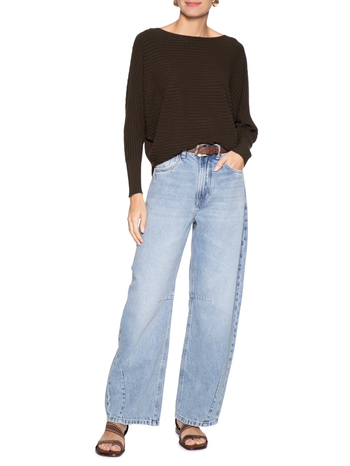 Suéter Feminino Tricot Oversized Texturizado Marrom Basiq