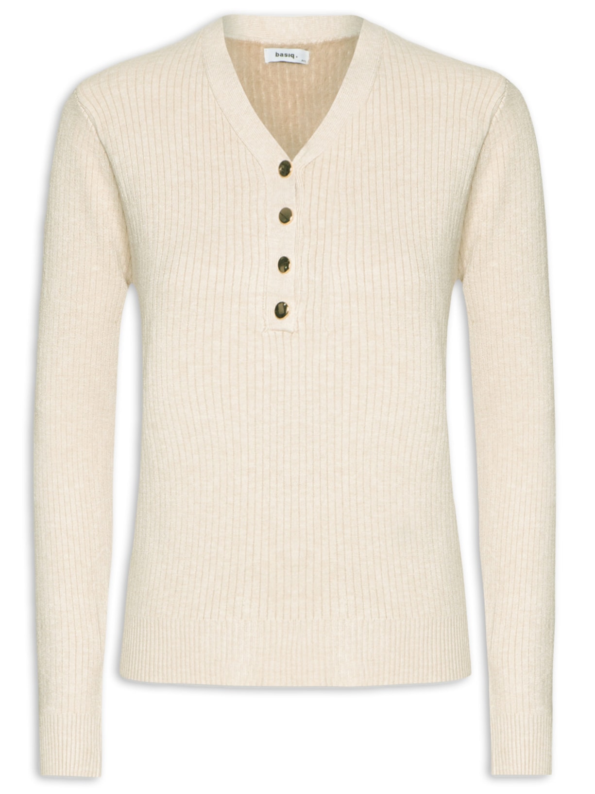 Suéter Feminino Tricot Texturizado Decote em V - Bege