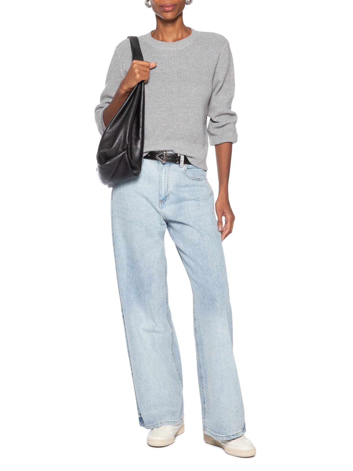 Suéter Feminino Tricot Texturizado Oversized Cinza Basiq