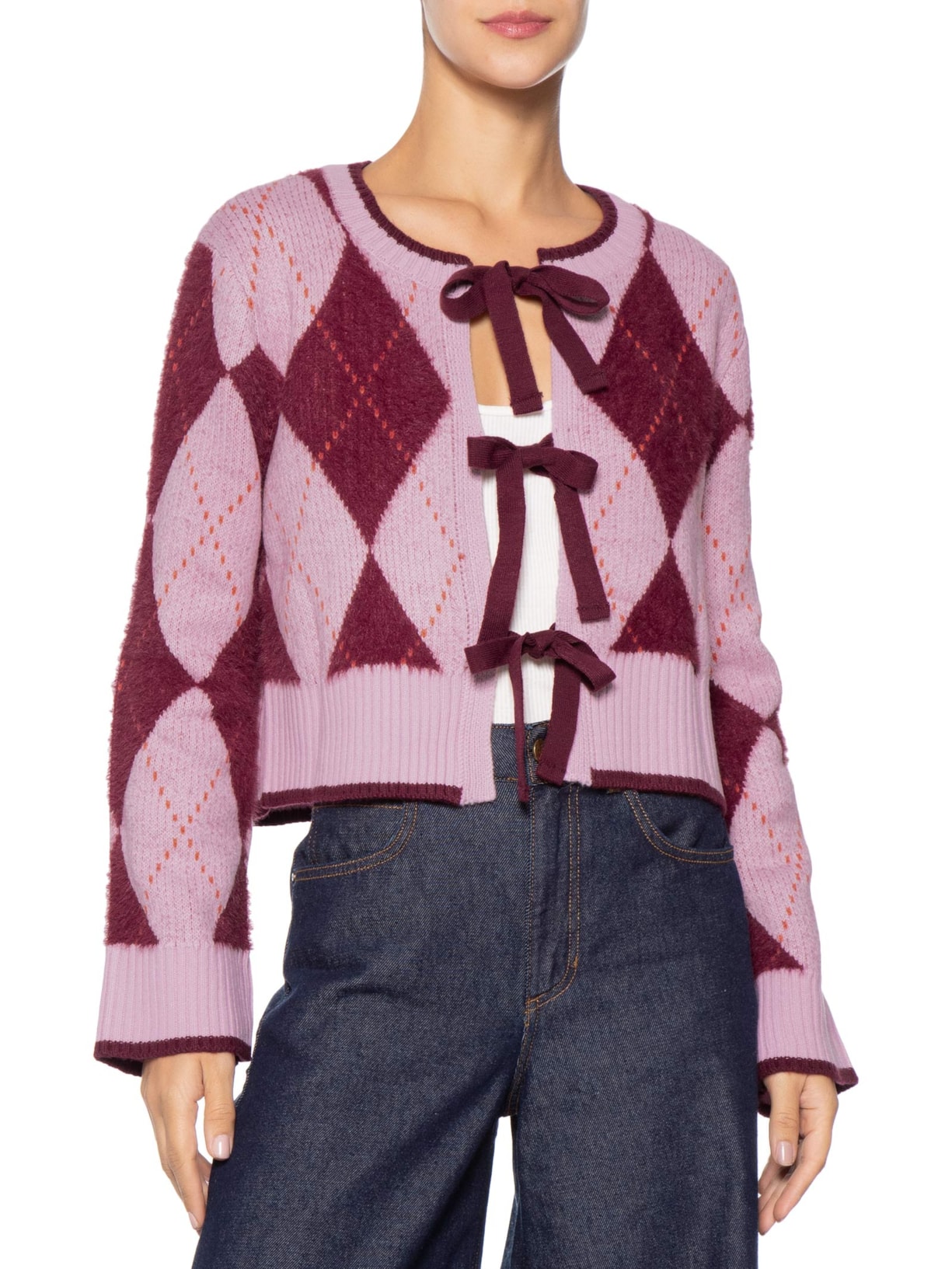 Suéter Feminino Xadrez Em Tricot Rosa '2Essential