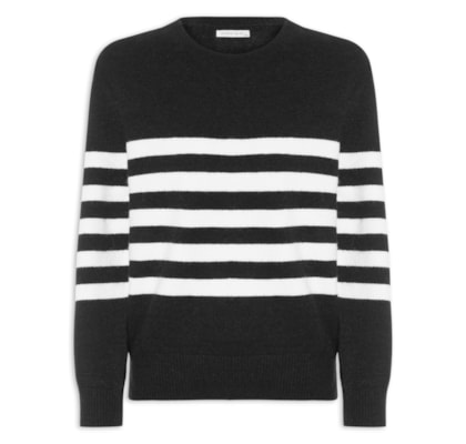 Suéter Listrado Feminino Em Tricot  - Preto