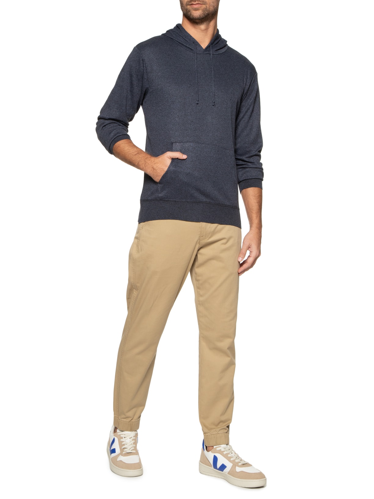 Suéter Masculina Tricot Com Bolso Canguru e Gorro Azul Basiq Men