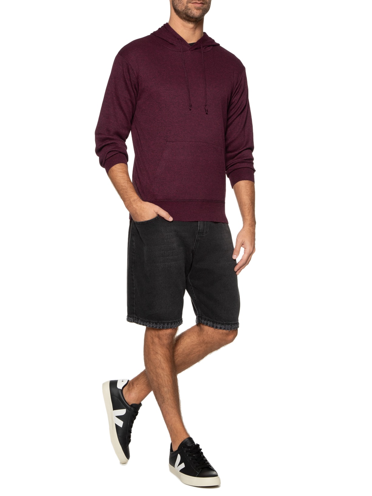 Suéter Masculina Tricot Com Bolso Canguru e Gorro Vermelho Basiq Men