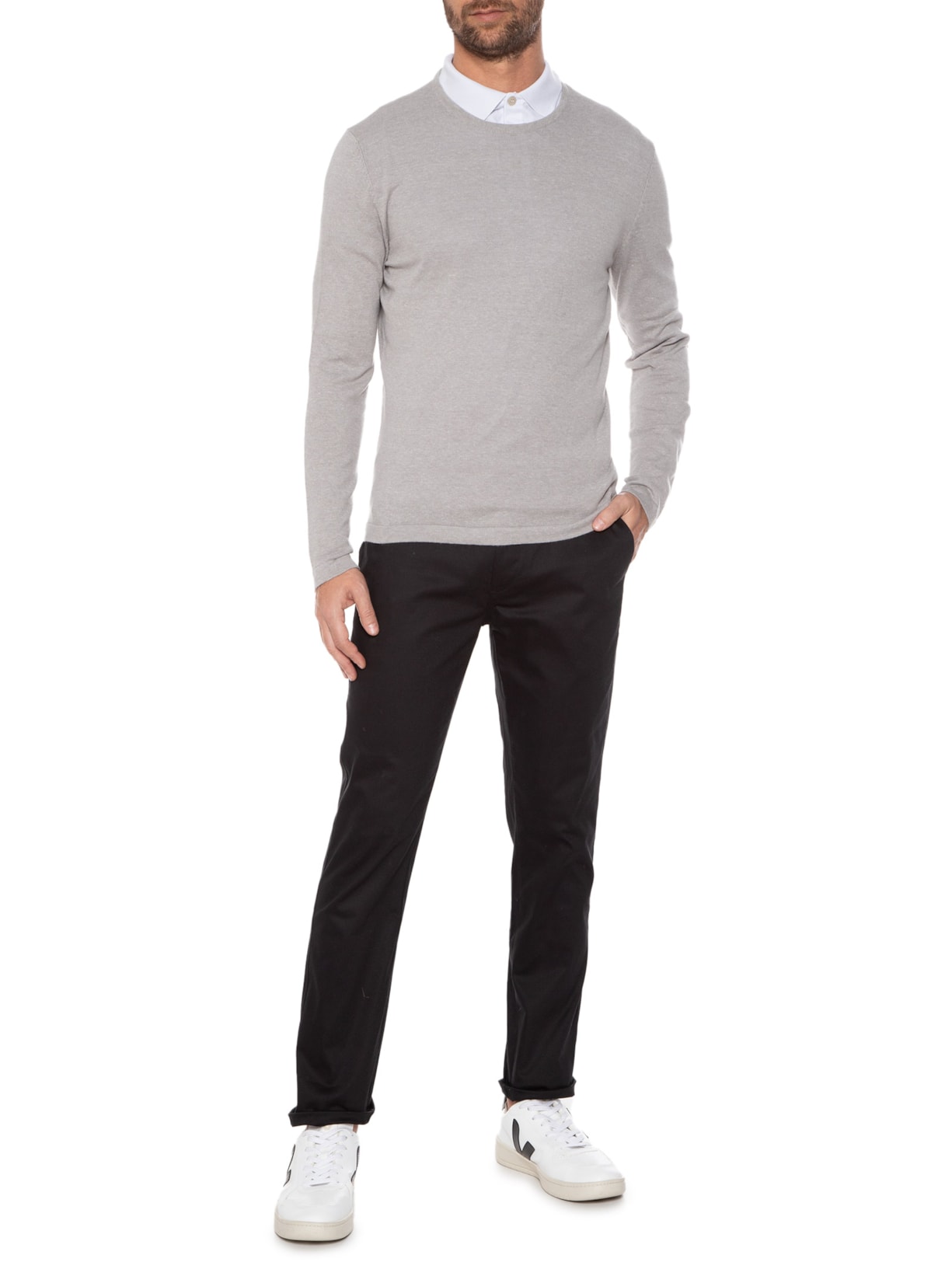 Suéter Masculino Básico Gola Careca Cinza '2 Essential