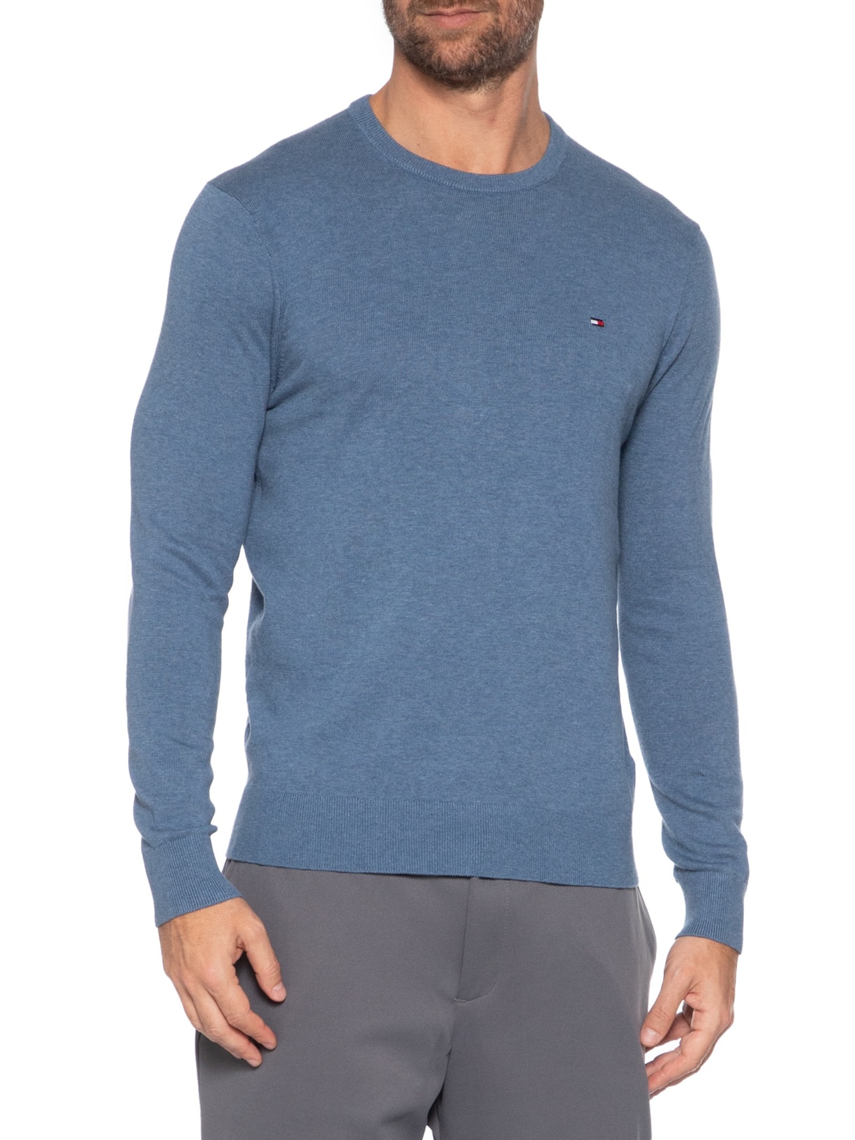 Suéter Masculino Básico Gola Careca Em Algodão Essential Azul Tommy Hilfiger
