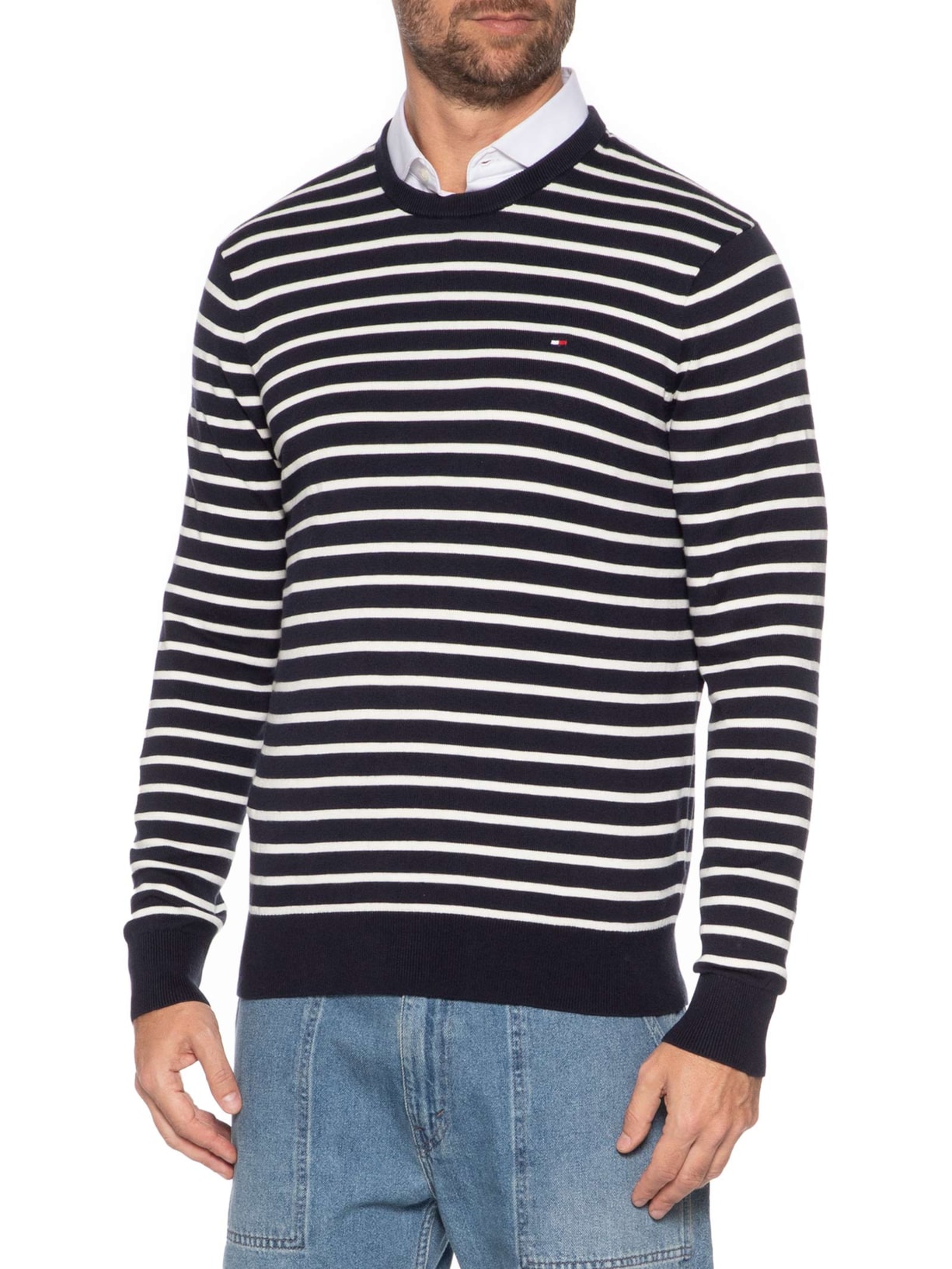 Suéter Masculino Básico Gola Careca Em Algodão Essential Azul Tommy Hilfiger