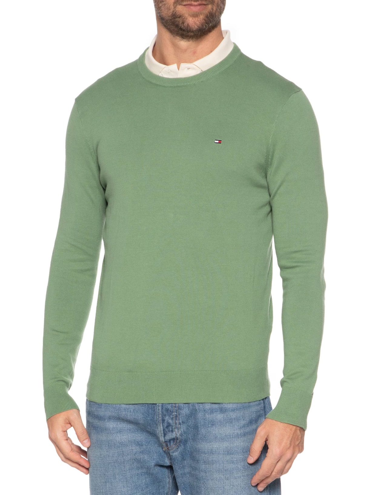 Suéter Masculino Básico Gola Careca Em Algodão Essential Verde Tommy Hilfiger