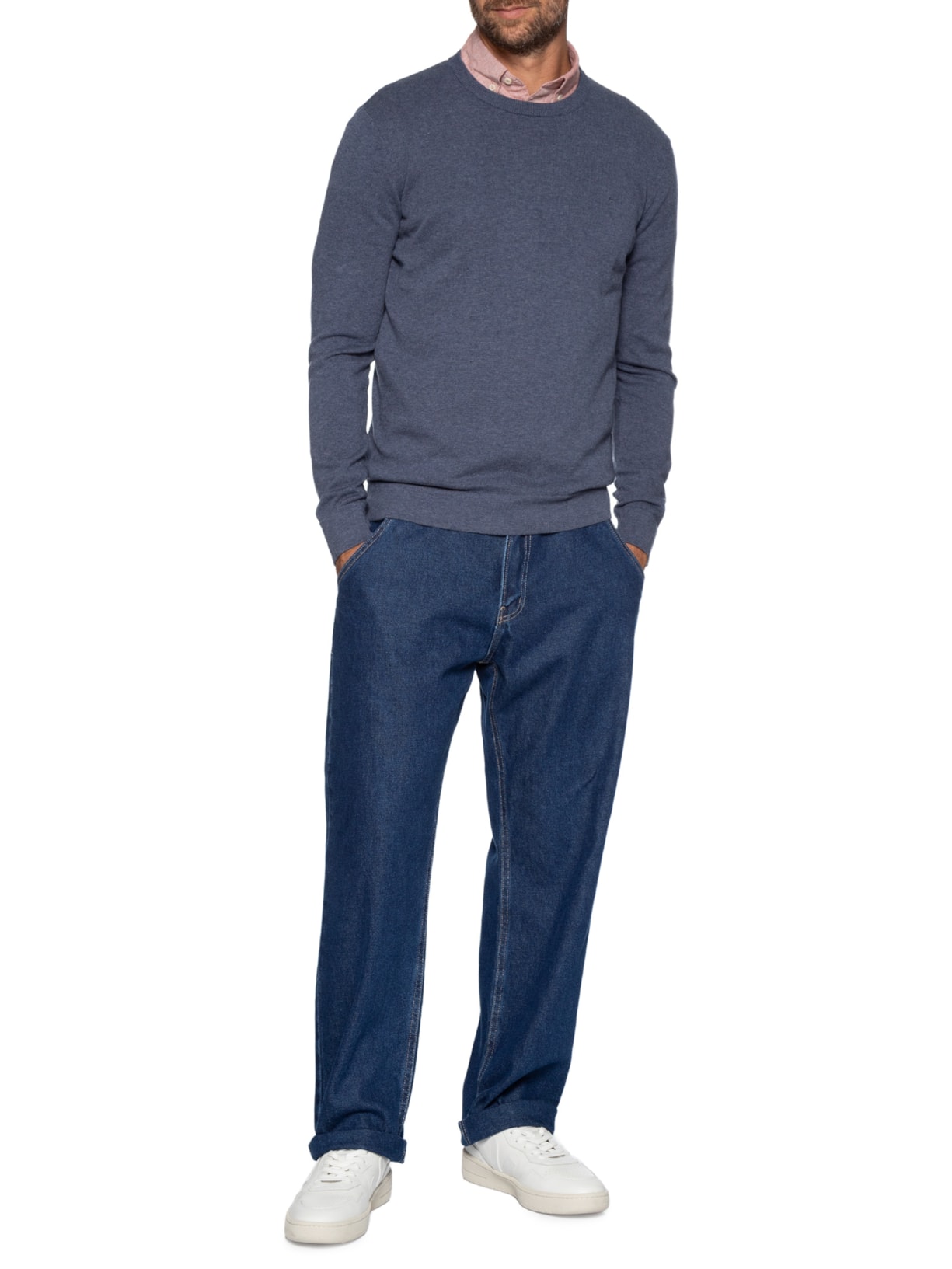 Suéter Masculino Básico Gola Careca Em Tricot Azul Aramis