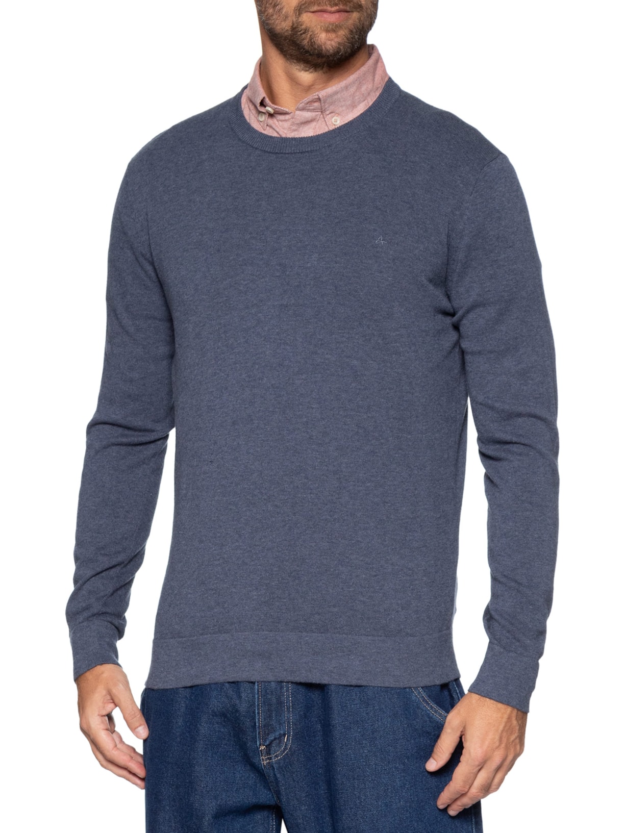 Suéter Masculino Básico Gola Careca Em Tricot Azul Aramis