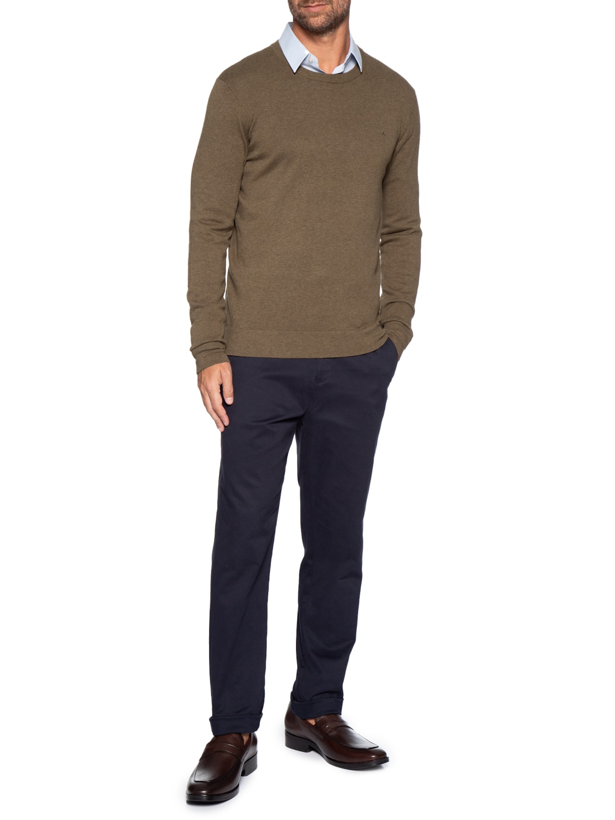 Suéter Masculino Básico Gola Careca Em Tricot Marrom Aramis