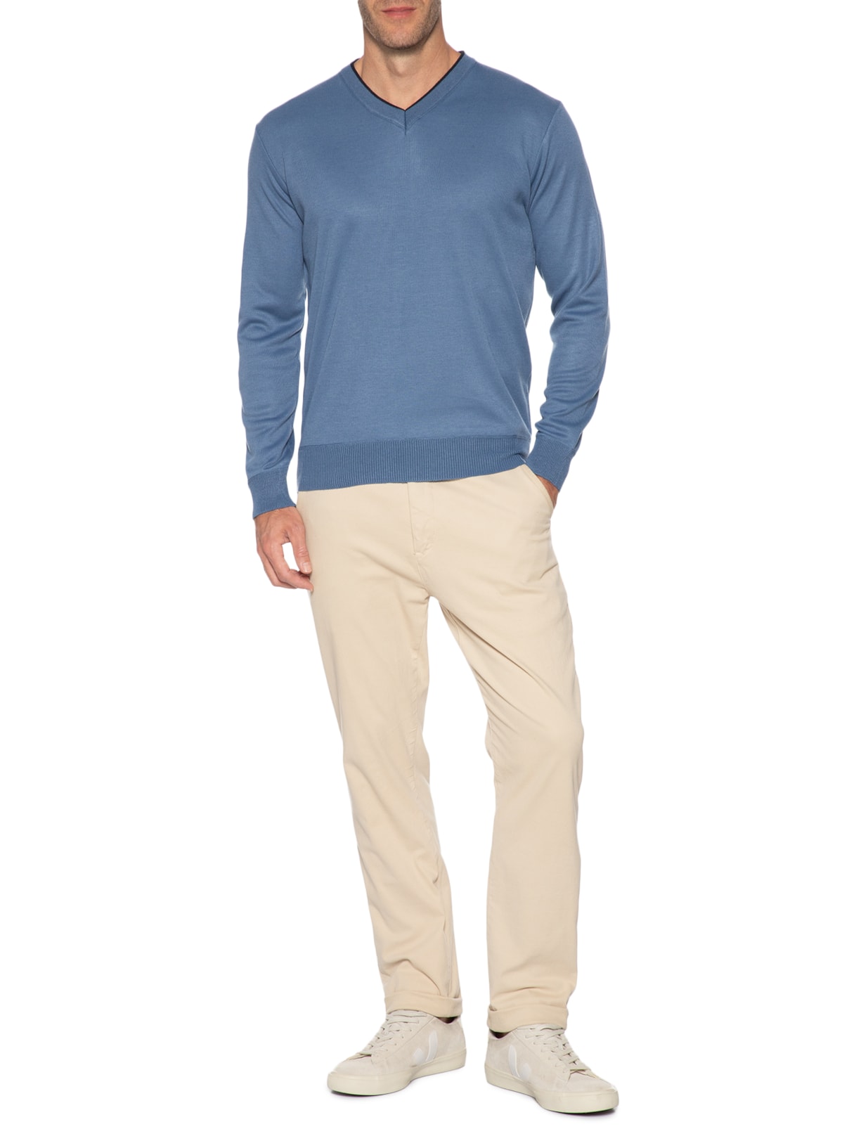 Suéter Masculino Básico Gola V Azul Basiq Men