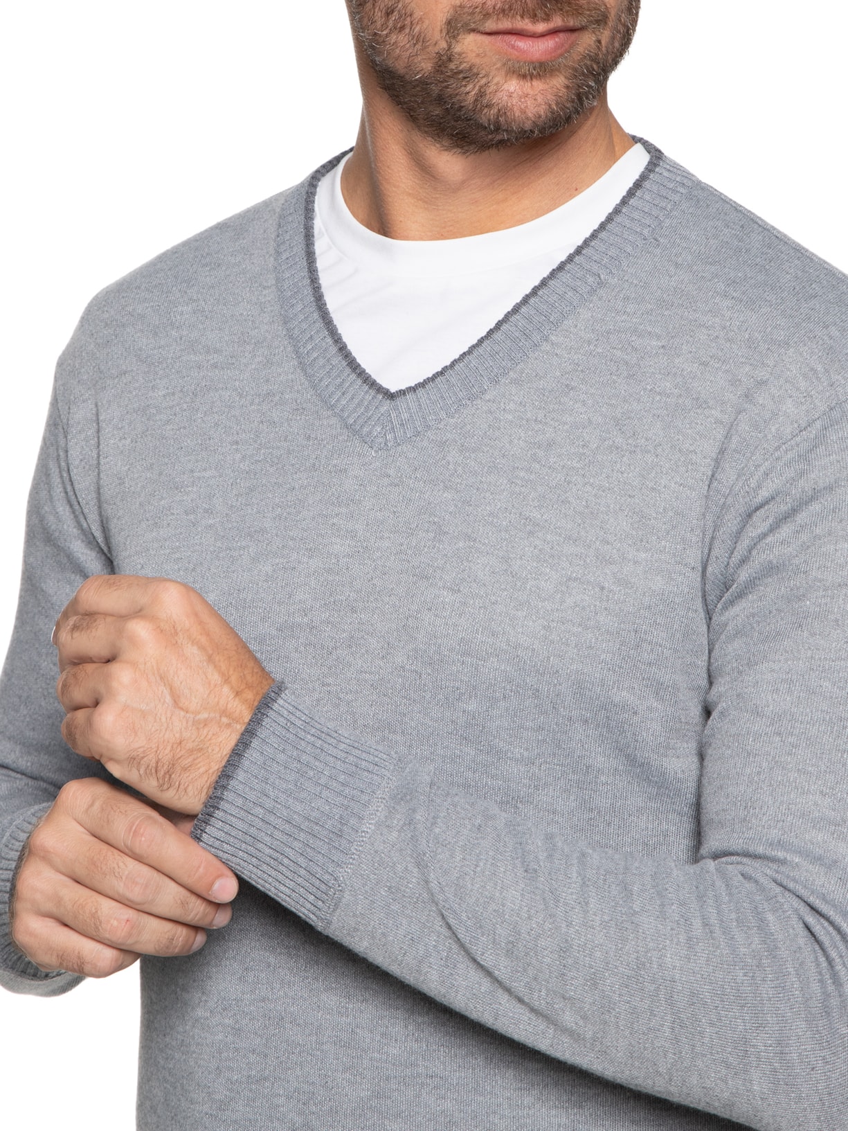 Suéter Masculino Básico Gola V Com Friso Cinza '2 Essential