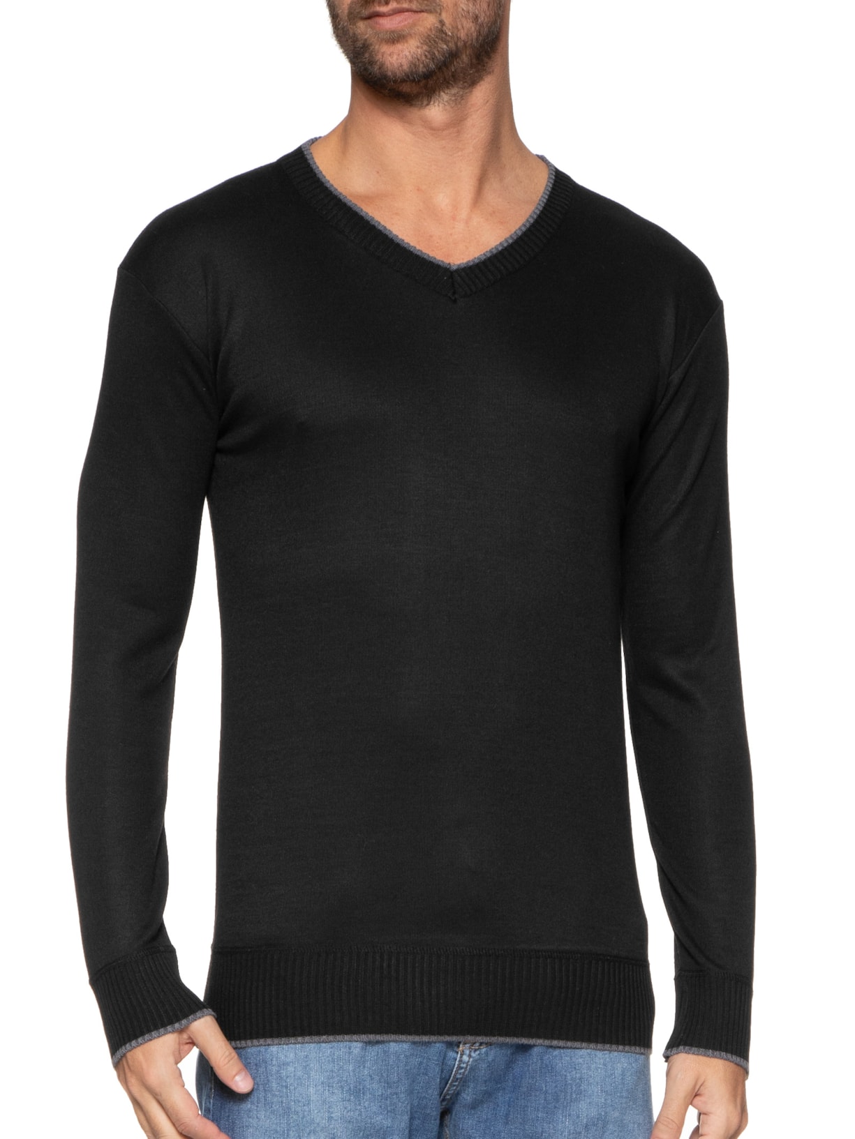 Suéter Masculino Básico Gola V Com Friso Preto '2 Essential