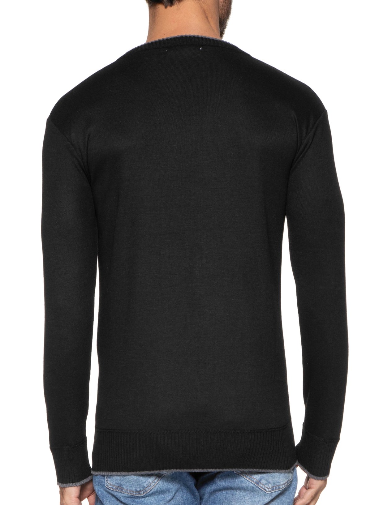 Suéter Masculino Básico Gola V Com Friso Preto '2 Essential