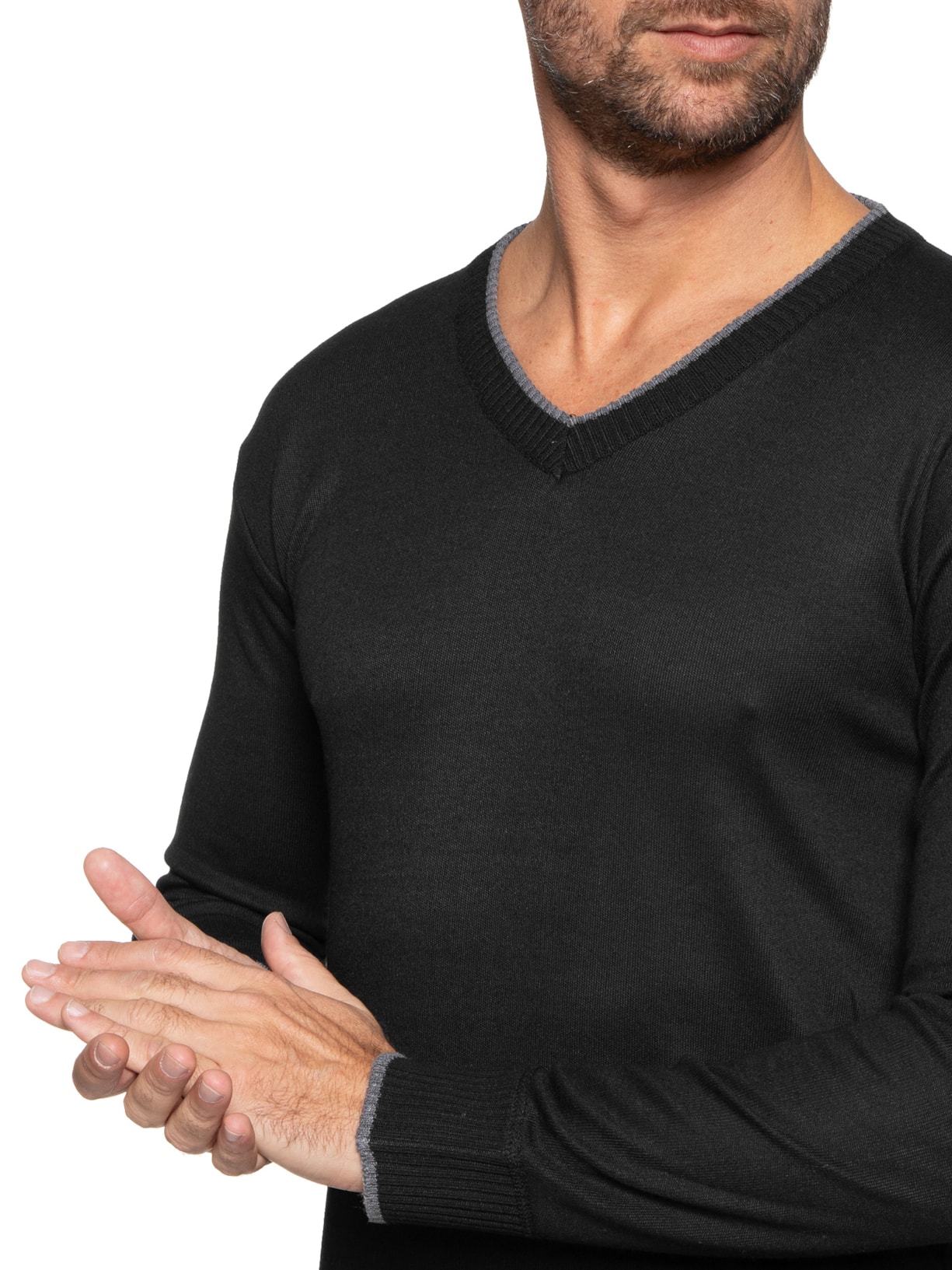 Suéter Masculino Básico Gola V Com Friso Preto '2 Essential