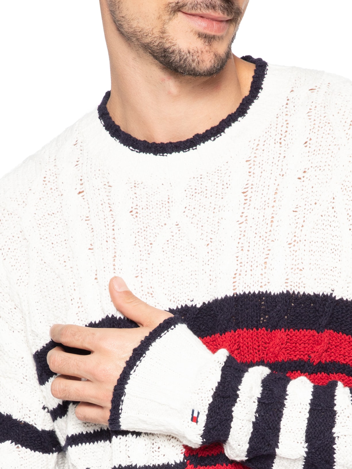 Suéter Masculino Breton Flag Tricot Trançado Branco Tommy Hilfiger