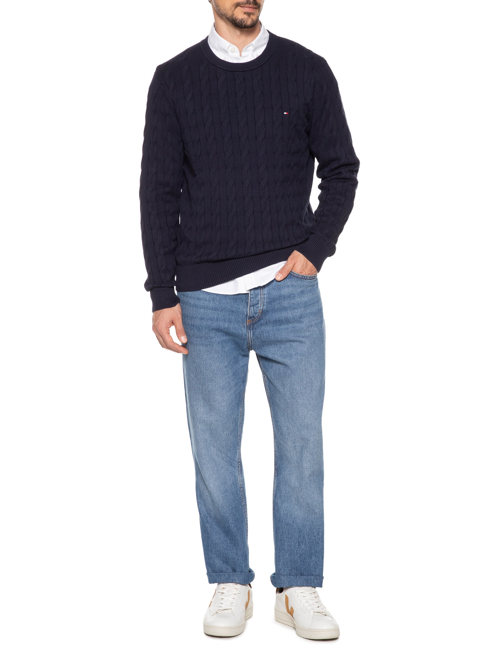 Suéter Masculino Classic Cable Crew Neck - Tommy Hilfiger - Azul