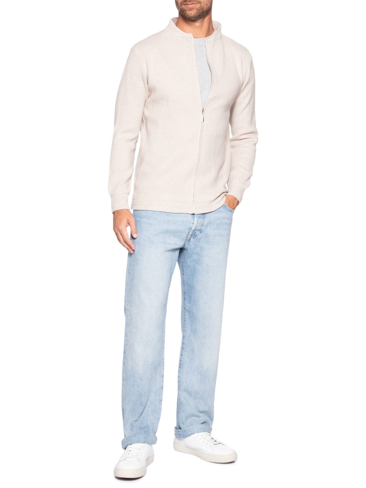 Suéter Masculino Com Zíper Texturizado – Bege '2 Essential