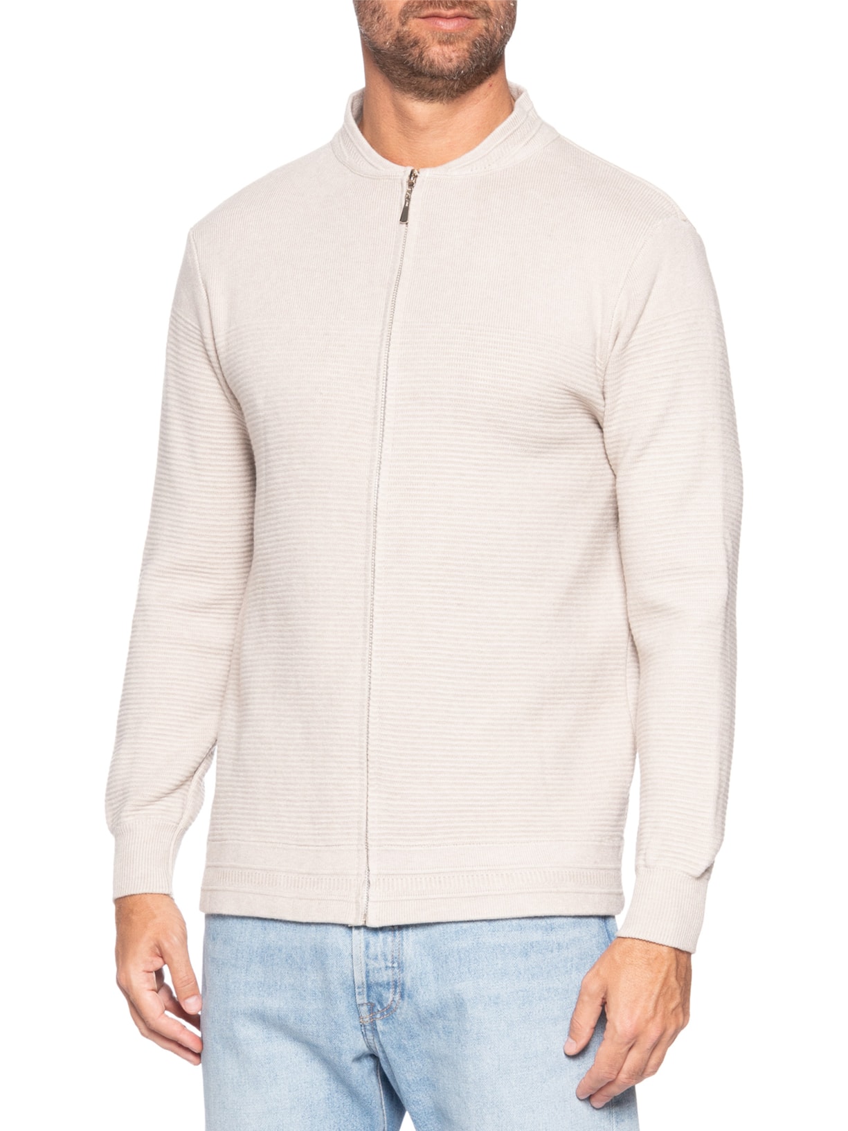 Suéter Masculino Com Zíper Texturizado – Bege '2 Essential