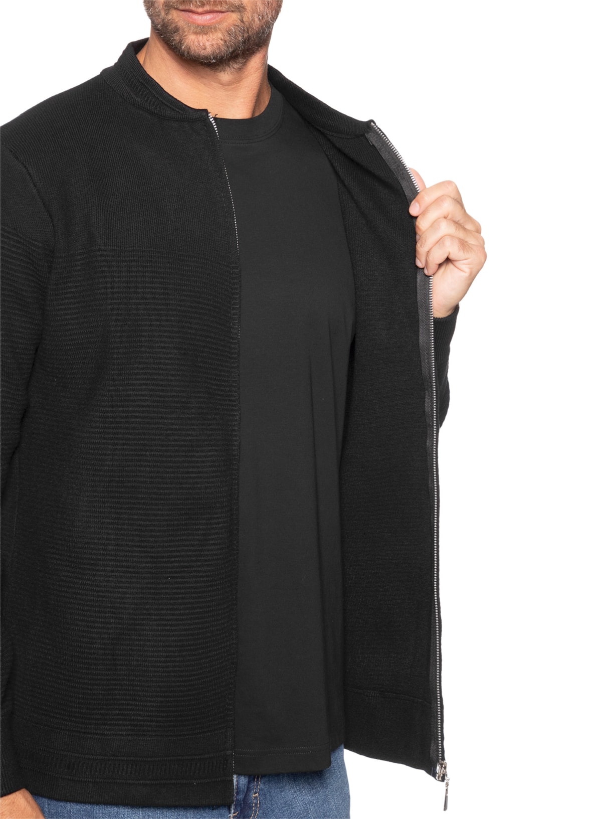 Suéter Masculino Com Zíper Texturizado – Preto '2 Essential