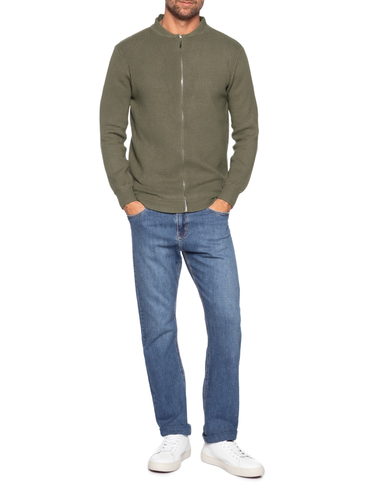 Suéter Masculino Com Zíper Texturizado – Verde '2 Essential