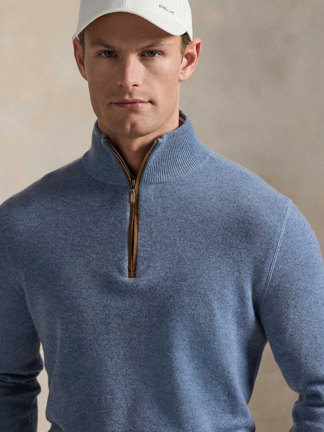 Suéter Masculino De Cashmere Half Zip Azul Polo Ralph Lauren