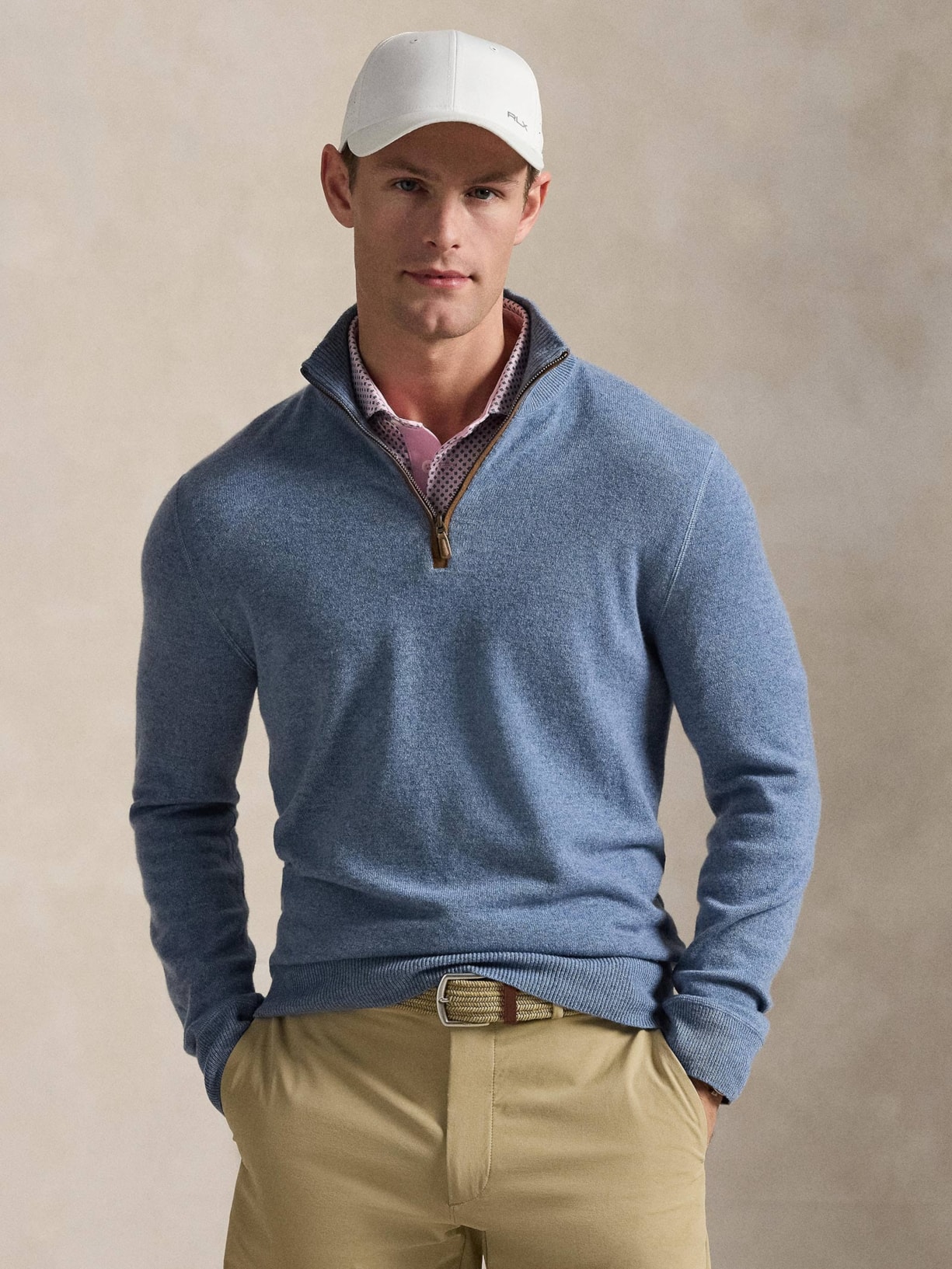 Suéter Masculino De Cashmere Half Zip Azul Polo Ralph Lauren